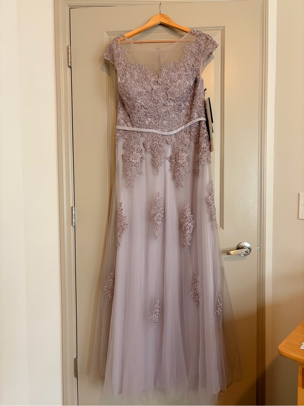 MGNY Lavender Lace Appliqué Evening Gown